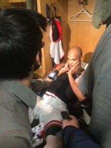 Gibson talking to the media about the slow start to the Celtics game