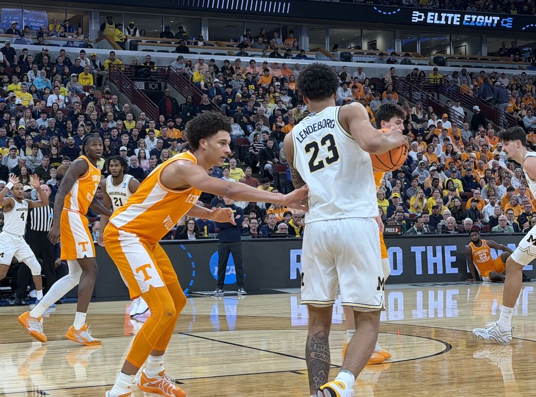Yaxel Lendeborg and the Michigan Wolverines playing Tennessee in the 2026 NCAA Men's Basketball tournament
