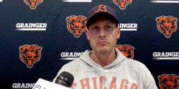 Chicago Bears coach Ben Johnson at his October 12 press conference ahead of Bears Falcons Week 6