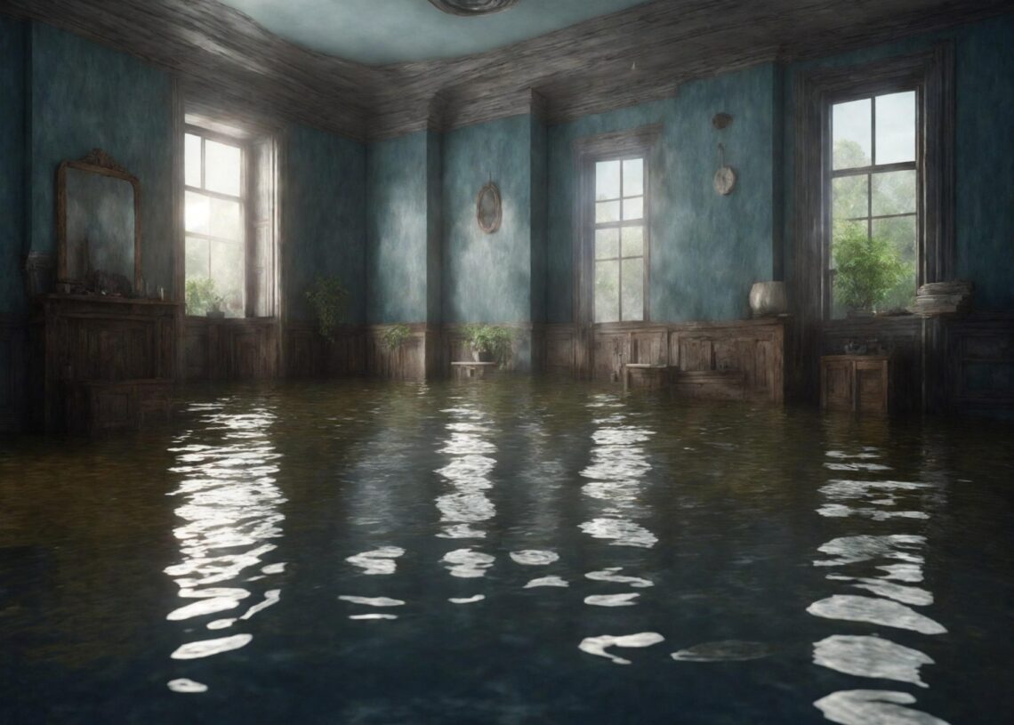 flooded room inside a home with standing water covering the floor