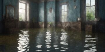 flooded room inside a home with standing water covering the floor