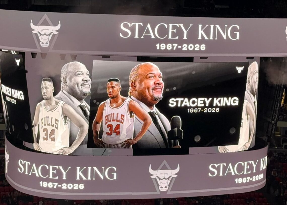 Chicago Bulls scoreboard tribute to Stacey King, 1967-2026